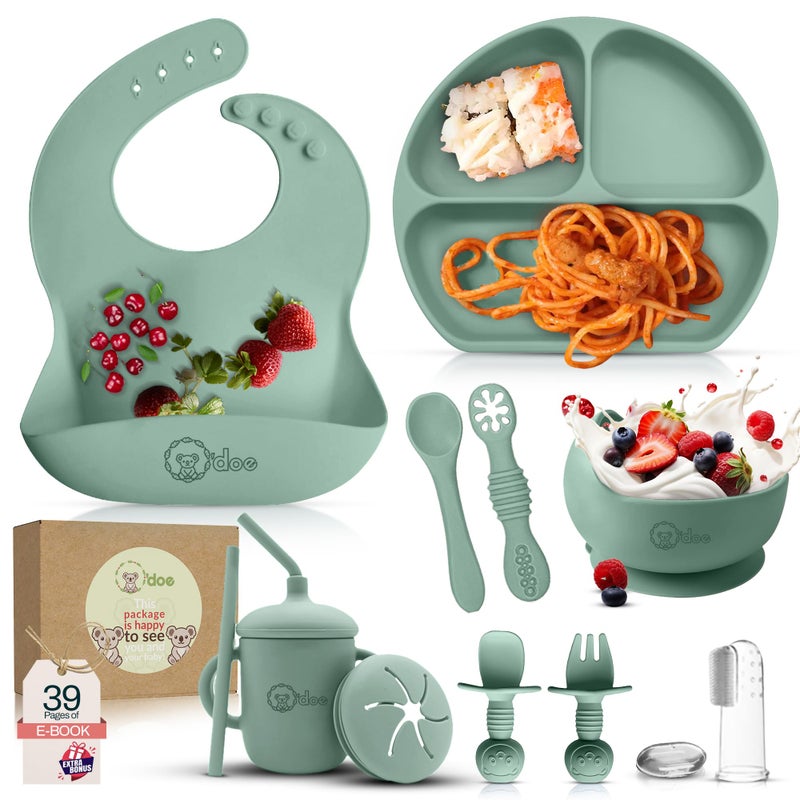O'doe 11-Piece BPA-Free Silicone Baby Feeding Set | Thick & Soft Suction Plates, Baby Bowls, Wooden Fork & Spoon, and More | Make Mealtime Fun and Easy for Your Little One (Green, V1) - Image 1